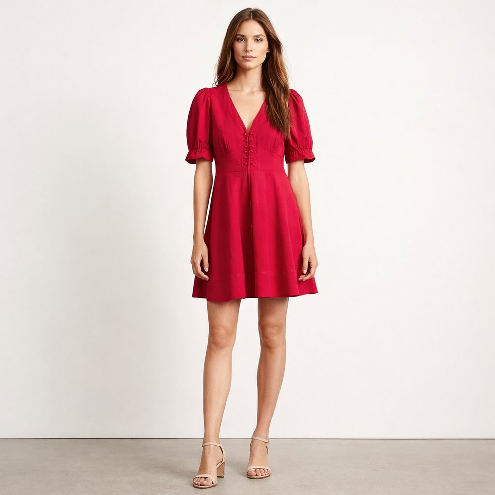 House of Harlow 1960 NEW Mini Flare Linen Blend Lacing Dress Size 4 Fuchsia - Picture 2 of 11